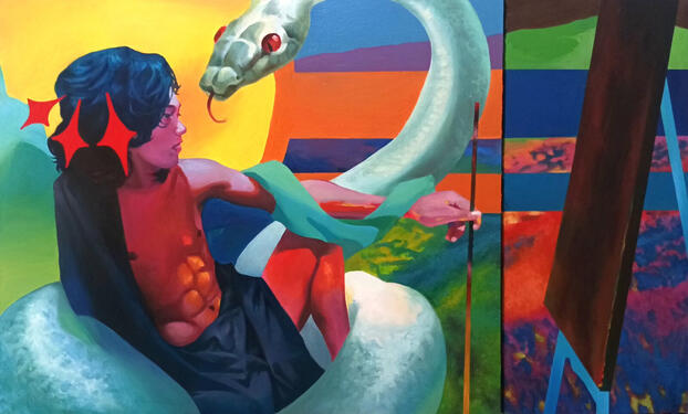Sudut/Tak; Bersudut, 110 cm x 90 cm & 40 cm x 90 cm, acrylic & oil paint on canvas panel, 2024.