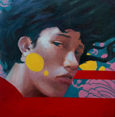 Postposterous, 35,5 cm x 35,5 cm, oil paint on teakwood, 2024.