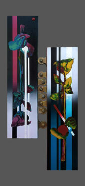 Washing &amp; Hone, 46 cm x 100 cm, acrylic, spray paint &amp; fence wheel on canvas, 2025.
